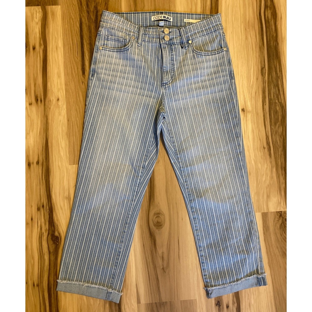 Code Bleu Soho Capri Jeans Striped Raw Hem Light Wash Blue White Size 6 Cropped